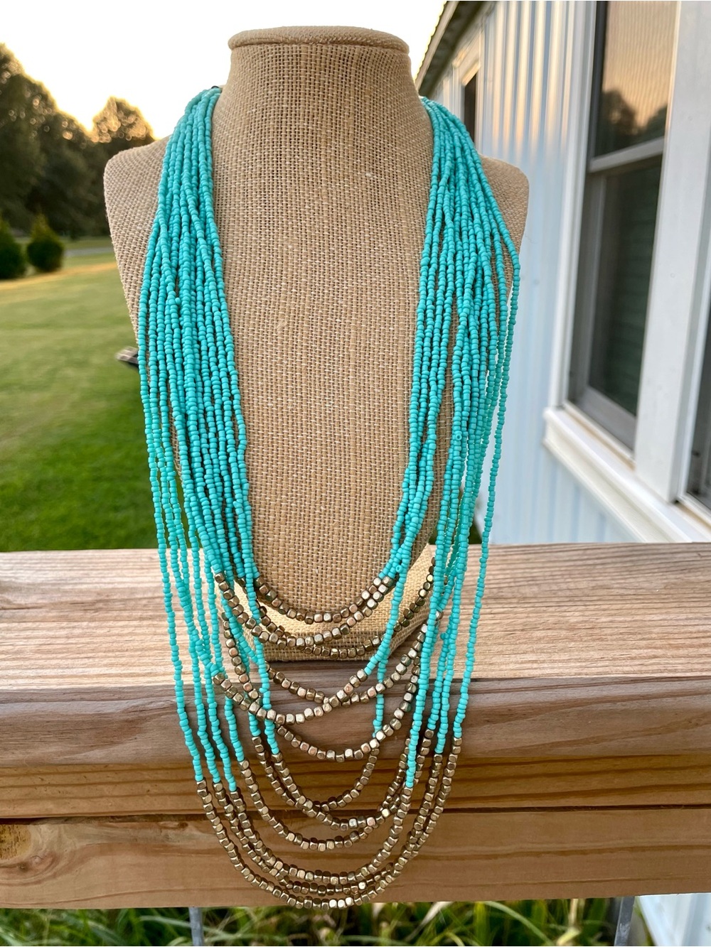 Multi-Strand Turquoise and Gold Beaded Necklace